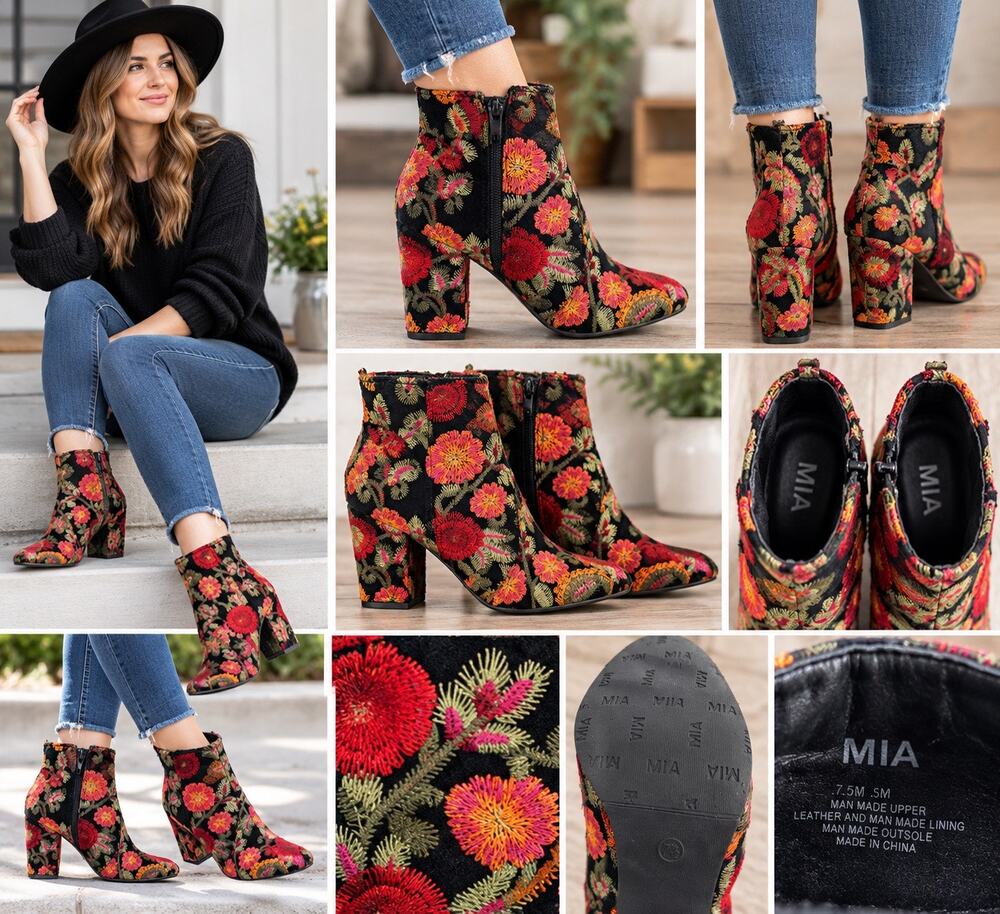 MIA Floral Embroidered Ankle Booties Block Heel Side Zip Size 7.5